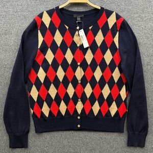 J Crew Sweater Womens XL Blue Jackie Cardigan Argyle Merino Wool Lightweight NWT